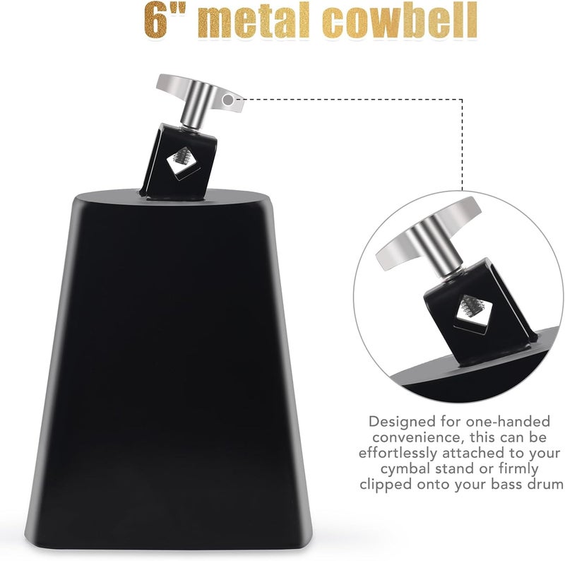 Seteol 6" Cowbell and Cowbell Clamp, Cowbell for Drum Set, Cowbell Holder Percussion Accessory, Adjustable Drum Cowbell Mount for Bass Drum Hoop Up or Down, Cow Bell Musical Instrument with Drum Key - Image 3